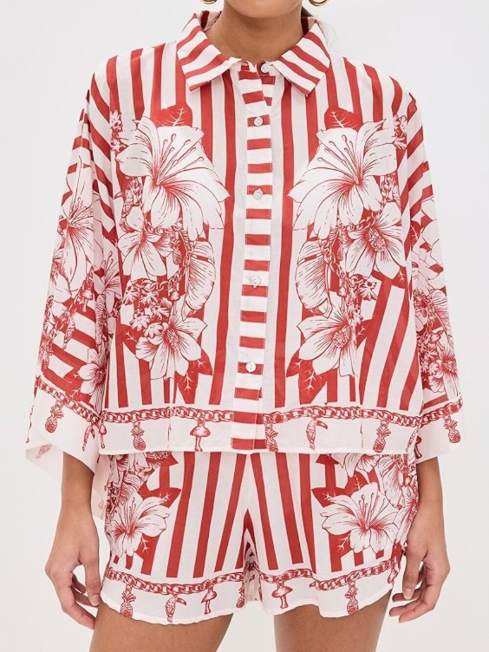 Red White Striped Floral Beach Set Women Shirt & Shorts Resort Vacation Outfit